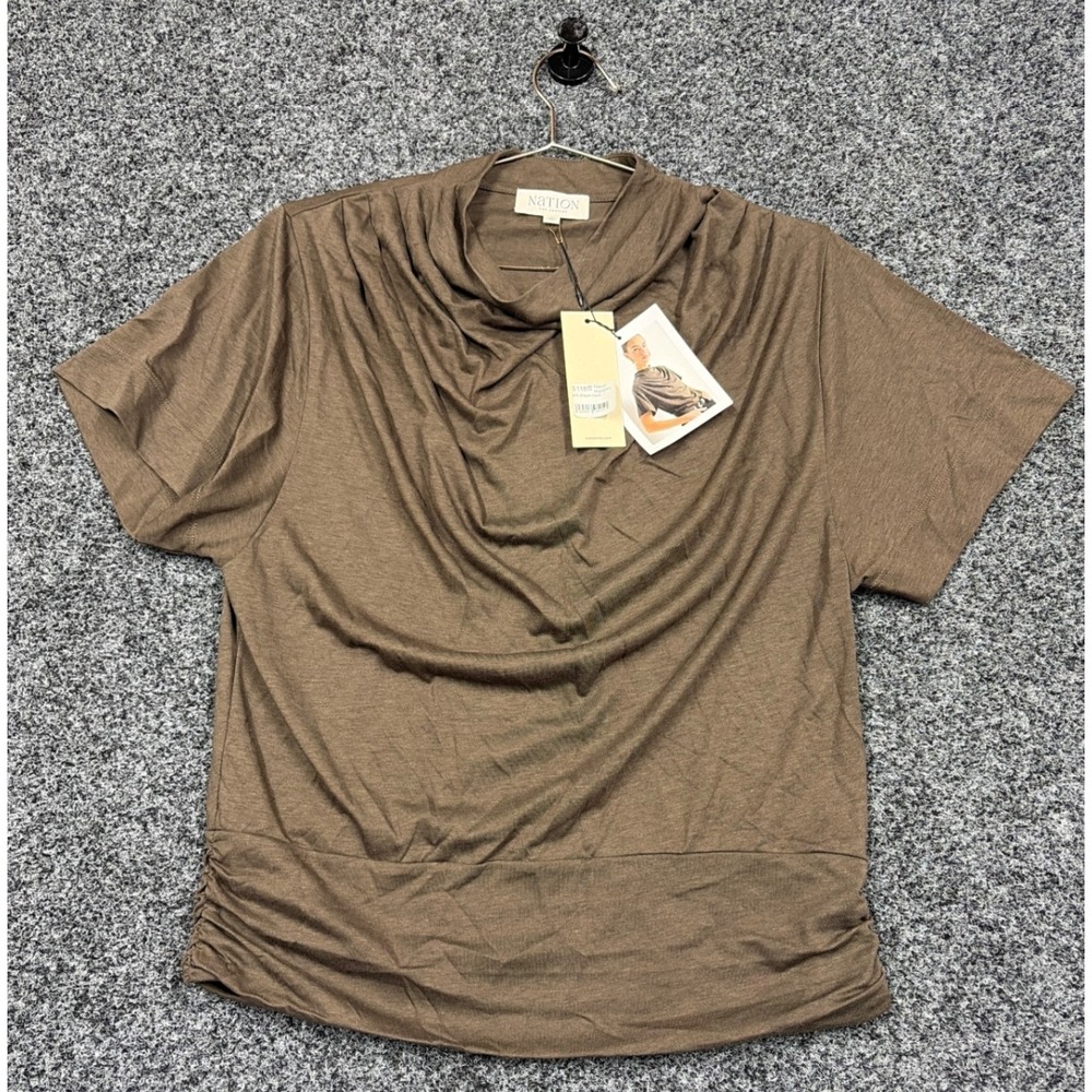 Nation LTD Top Womens M Brown Drape Neck Pima Cotton Ruched Short Sleeve NWT